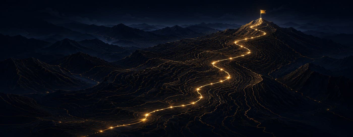 A glowing trail winding up a mountain ridge to a summit flag
